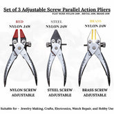 Flat nose parallel pliers with adjustable stop and smooth brass and nylon jaws.